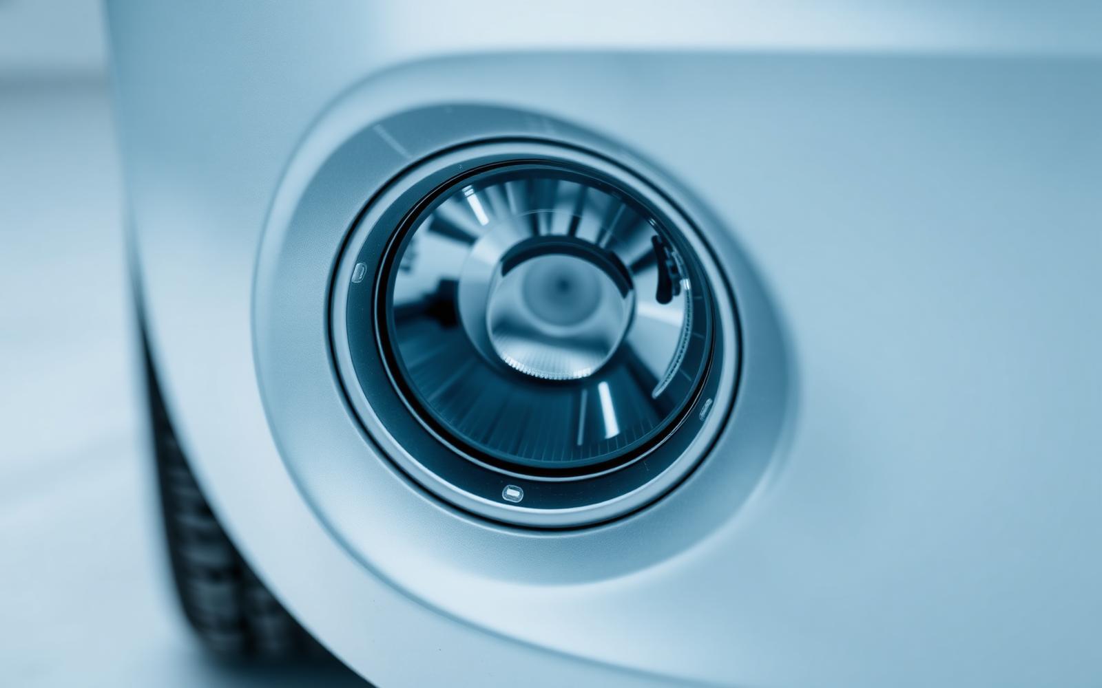 Fog light lens set into a silver front bumper