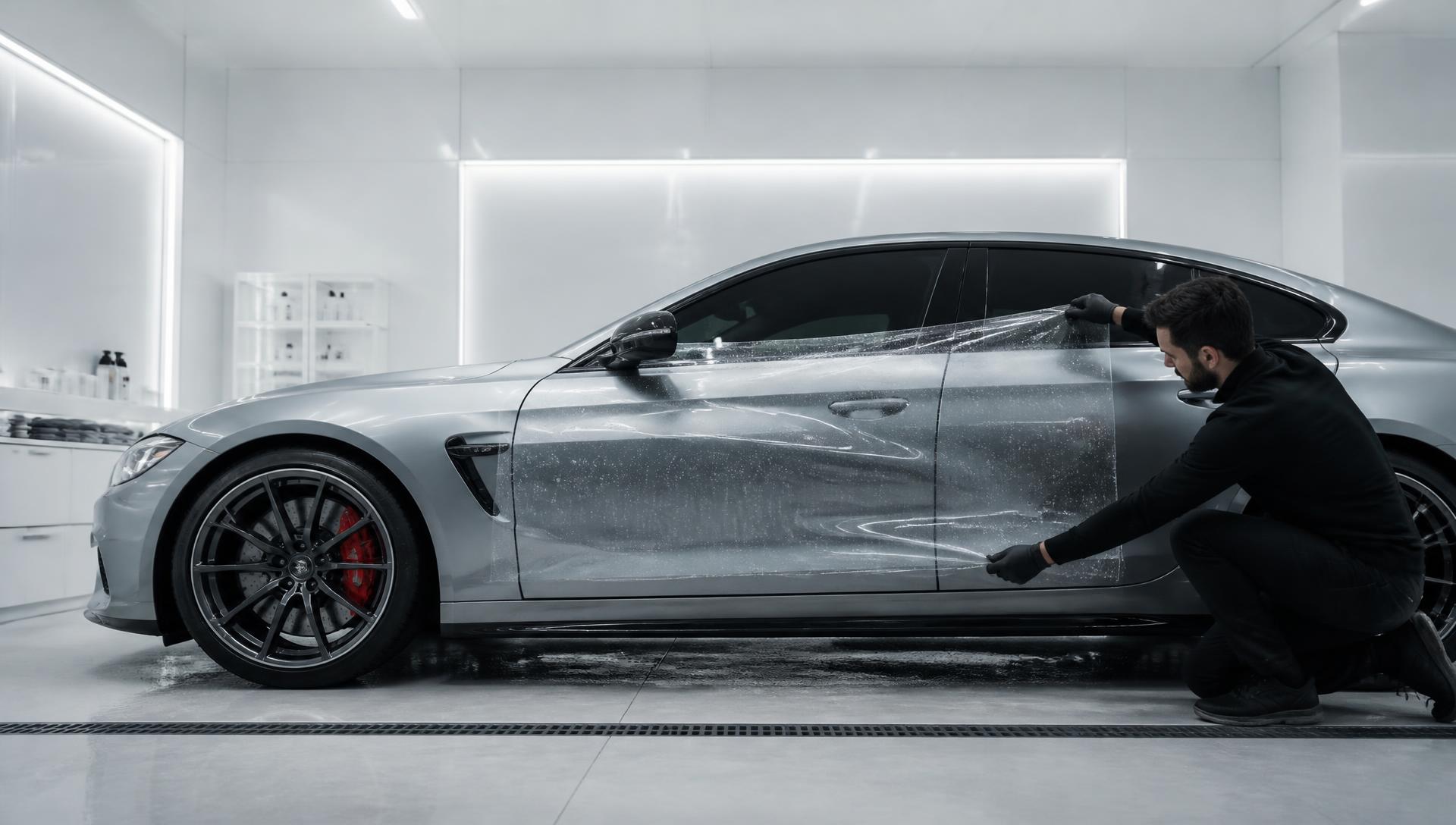 Installer applying a full sheet of paint protection film to the door of a silver performance sedan