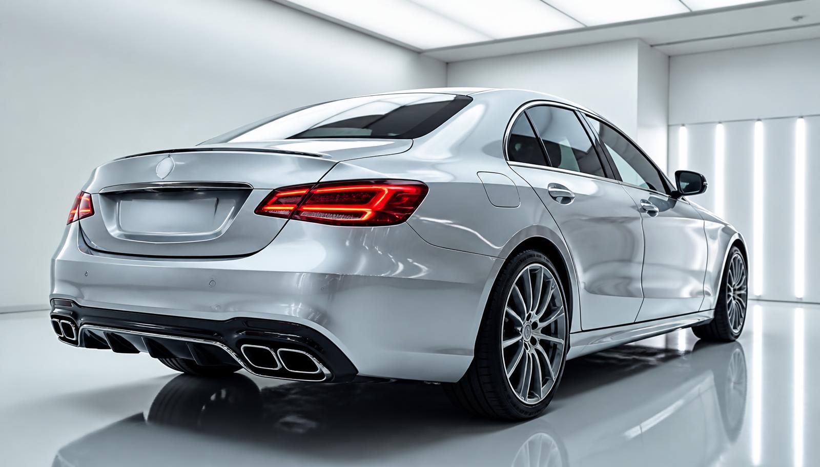 Ceramic coated silver luxury sedan reflecting studio light strips