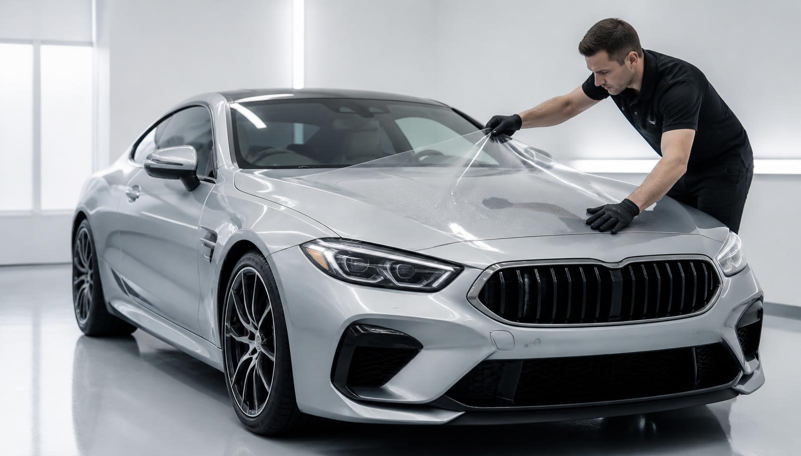 Installer laying clear paint protection film across the hood of a silver luxury coupe